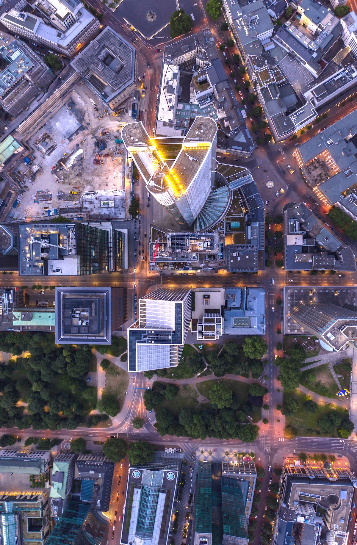 Overhead Birds View of Frankfurt am Main City Center right after Sunset with Glowing City Lights